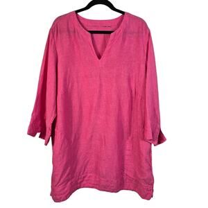 Lands End Blouse Women's 1X Hot Pink Linen Tunic V Neck Coastal Summer Beachy